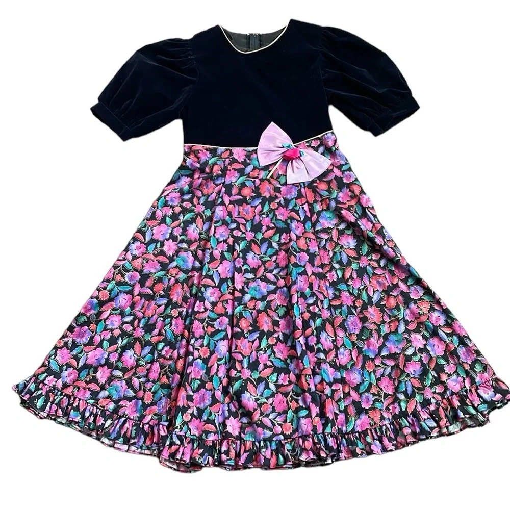 Vintage Peaches ‘n Cream Crushed Velvet Puff Sleeve Floral Dress—Girl’s 14